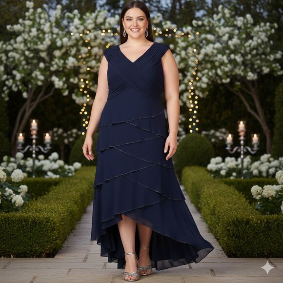 PATRA Navy Jersey Sleeveless Tiered Beaded Formal Evening Gown, Size 24W